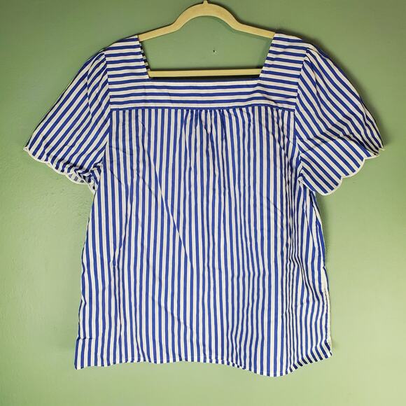 Talbots Womens Blue White Striped Scallop Square Neck Blouse Size XL Nautical - Picture 2 of 5